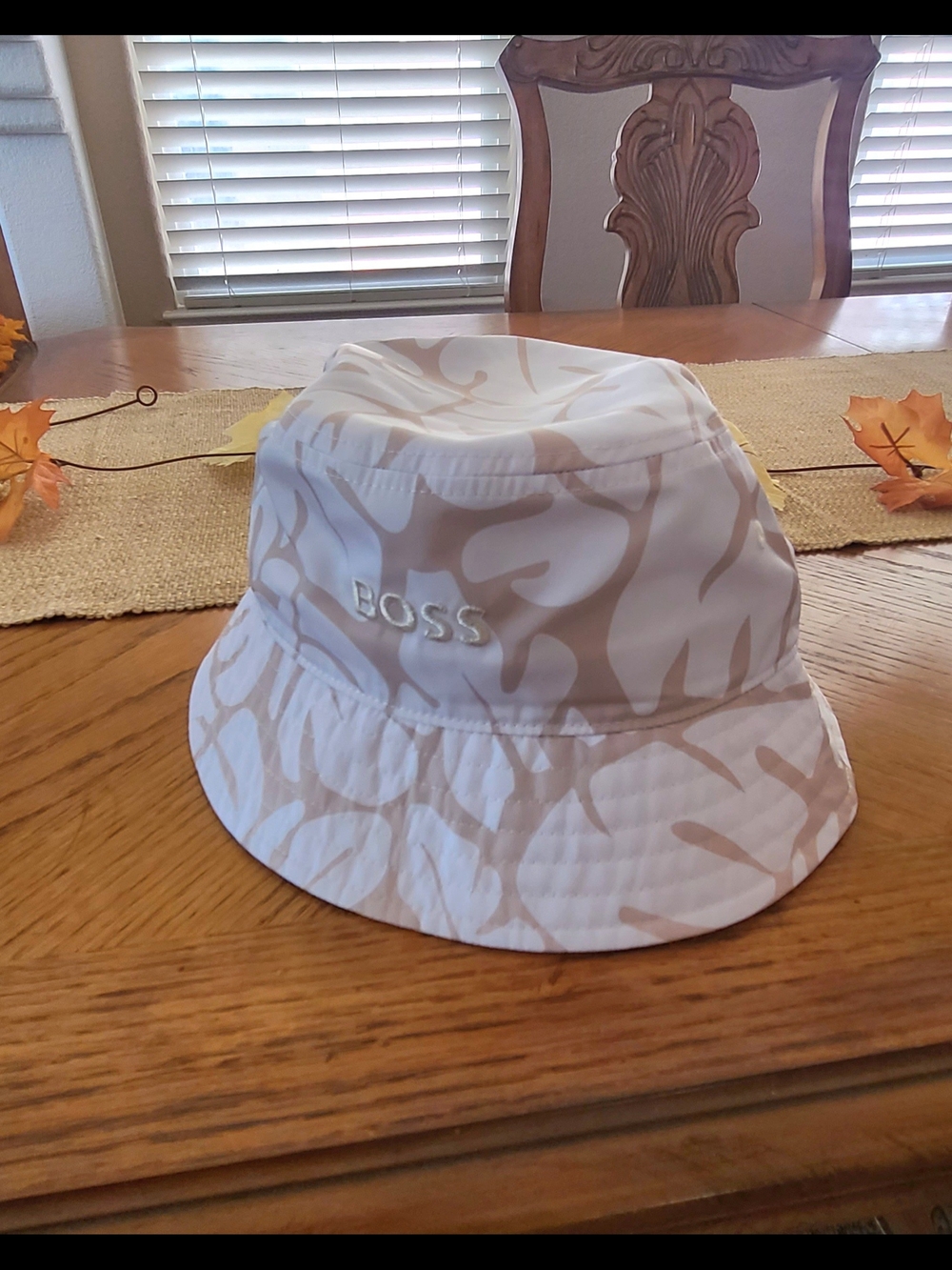BOSS White & Light Beige Pattern Bucket Hat